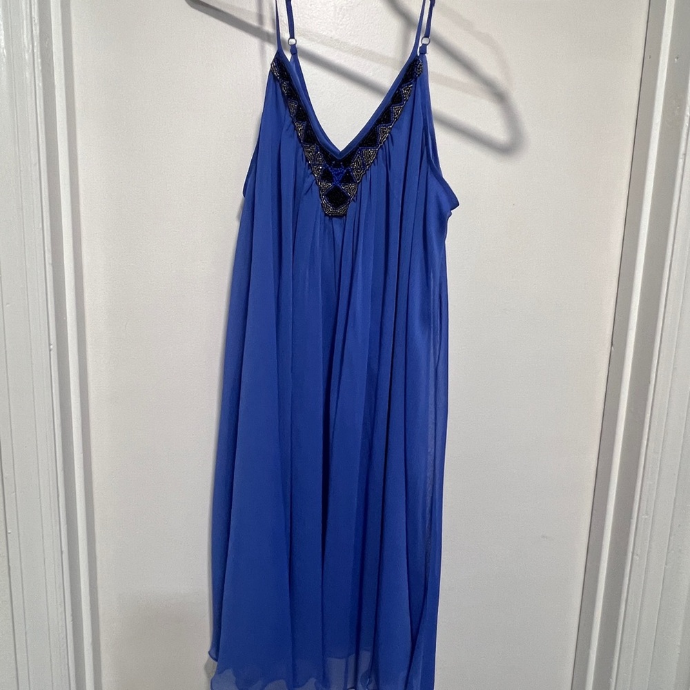 Express Blue Mini Dress with Black Beaded Accents